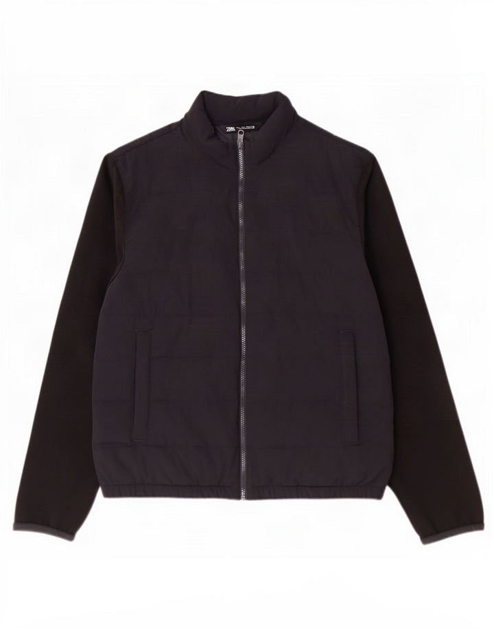 Jaqueta acolchoada masculina Zara UK 40 grande poliéster colorblock azul marinho