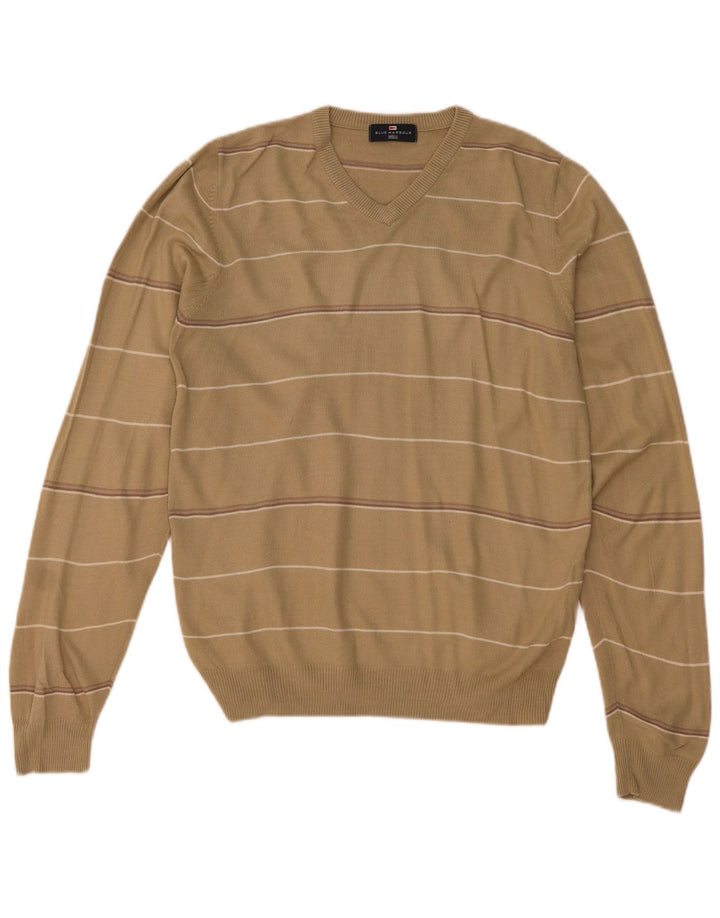Suéter masculino Marks & Spencer Blue Harbor com decote em V pequeno listrado bege