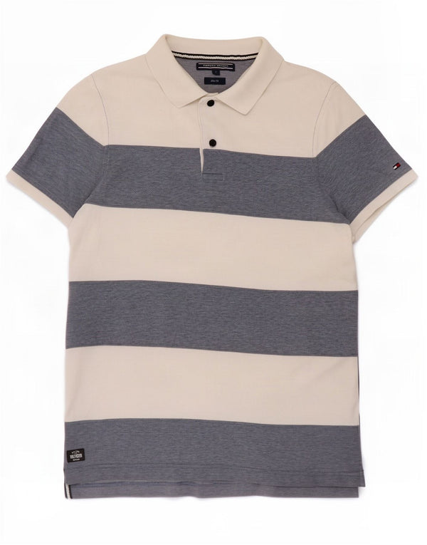Camisa polo masculina Tommy Hilfiger Slim Fit pequena listrada branca de algodão
