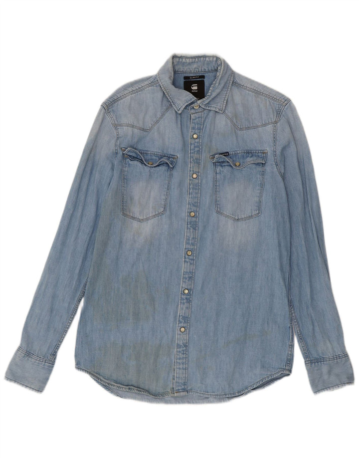 Camisa jeans masculina G-Star Slim Fit algodão azul médio