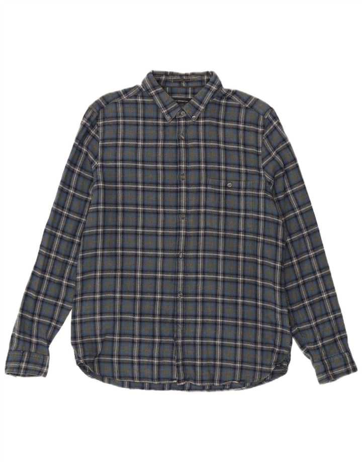 Camisa masculina de flanela slim French Connection grande algodão xadrez azul