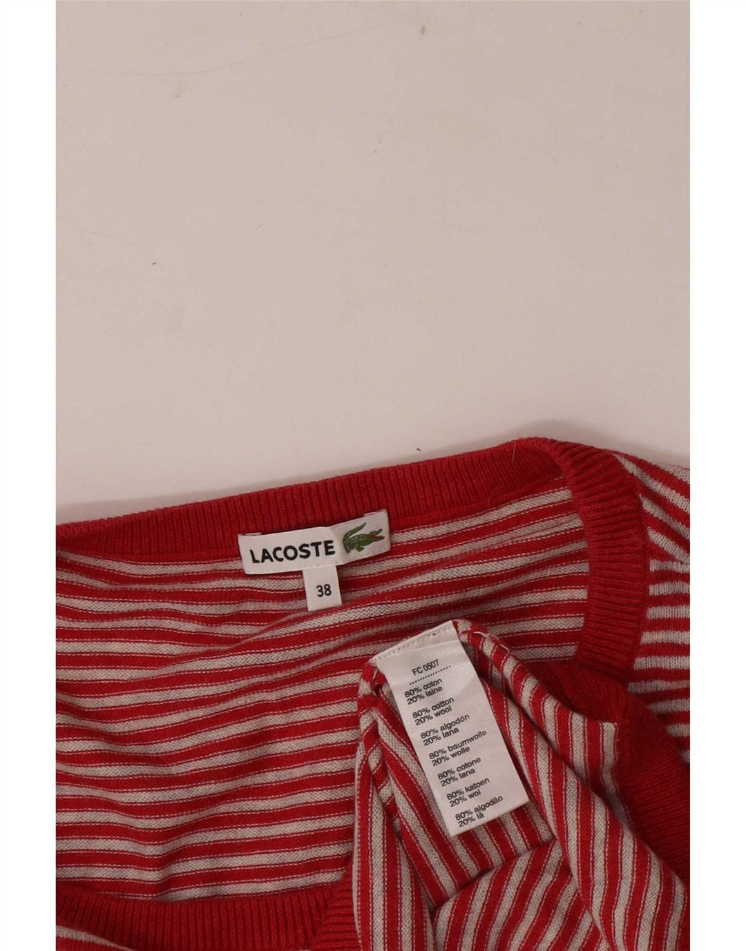 Suéter feminino Lacoste com gola redonda tamanho 38 listrado vermelho médio