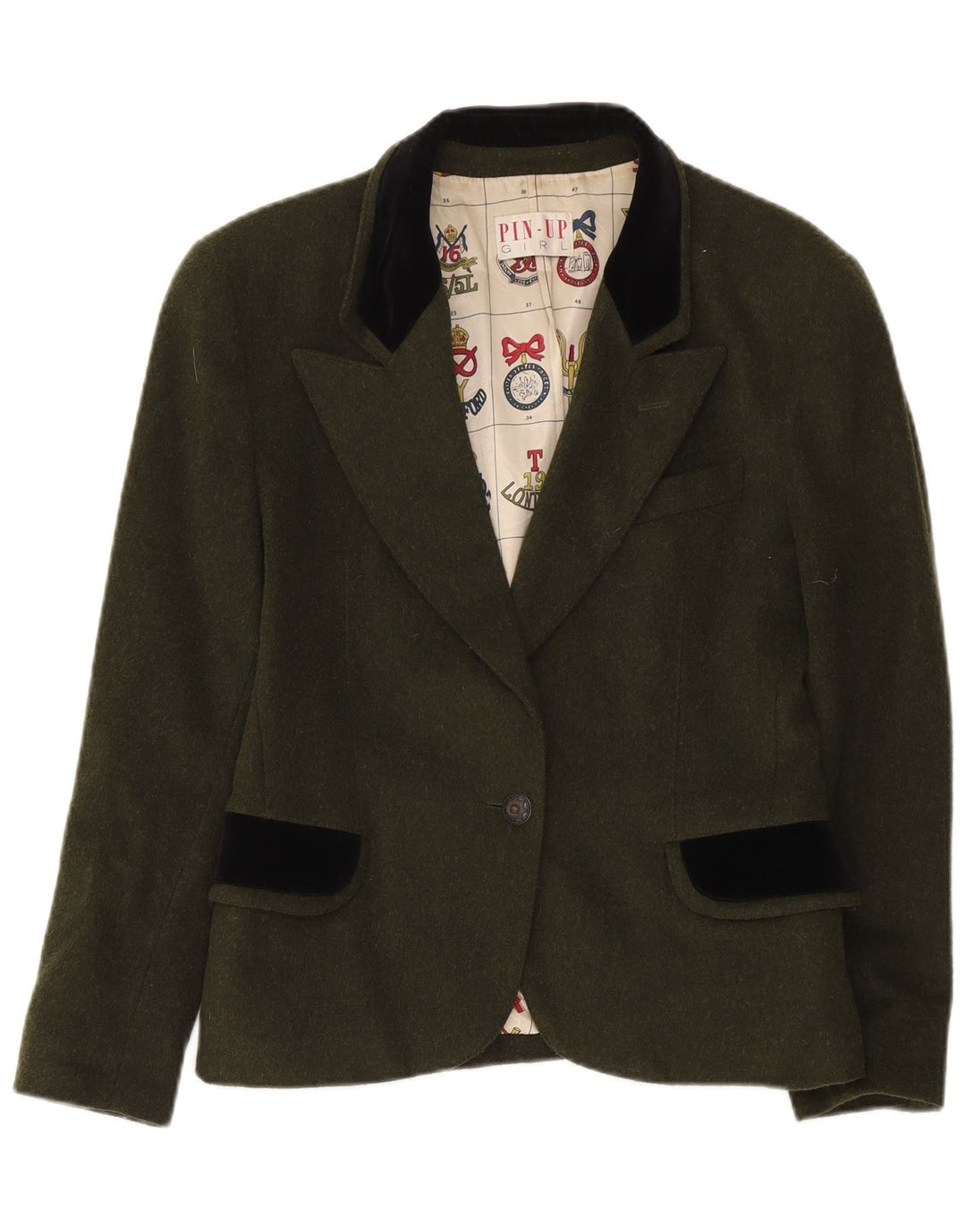 Jaqueta blazer feminina vintage com 1 botão Reino Unido 14 grande bloco cáqui colorido