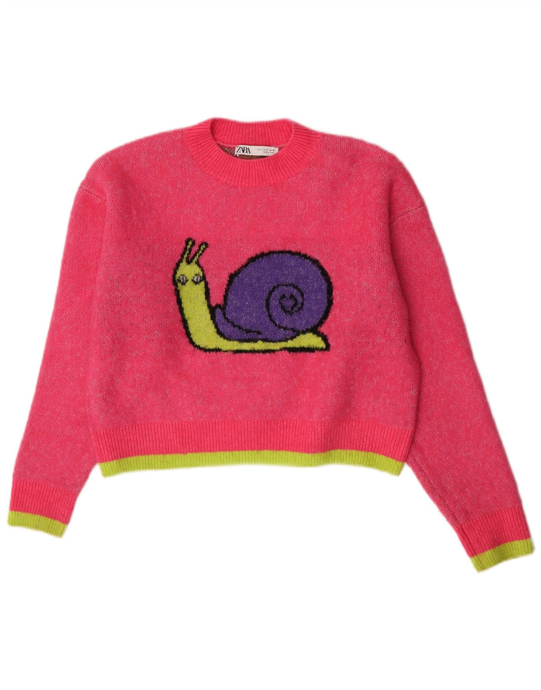 Zara Suéter feminino cropped com gola redonda e gola redonda, tamanho pequeno, rosa