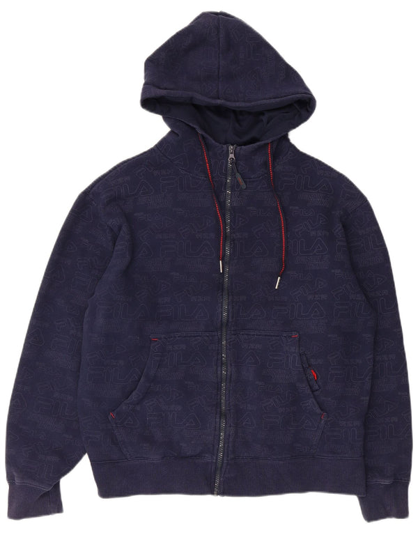 Suéter feminino Fila com capuz e zíper gráfico UK 14 algodão azul marinho médio