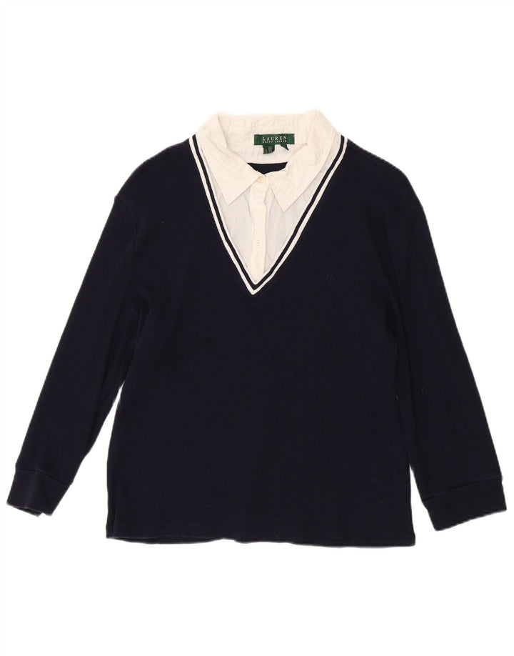 Top feminino RALPH LAUREN manga 3/4 UK 18 XL azul marinho algodão colorblock