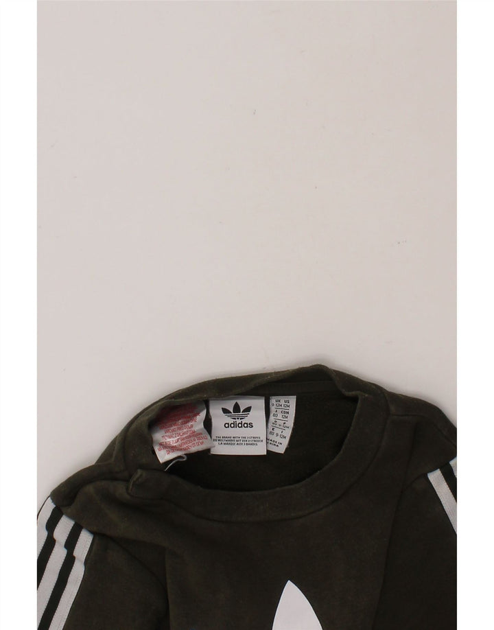 ADIDAS Baby Boys Graphic Sweatshirt Jumper 9-12 Months Khaki Cotton Vintage Adidas and Second-Hand Adidas from Messina Hembry 