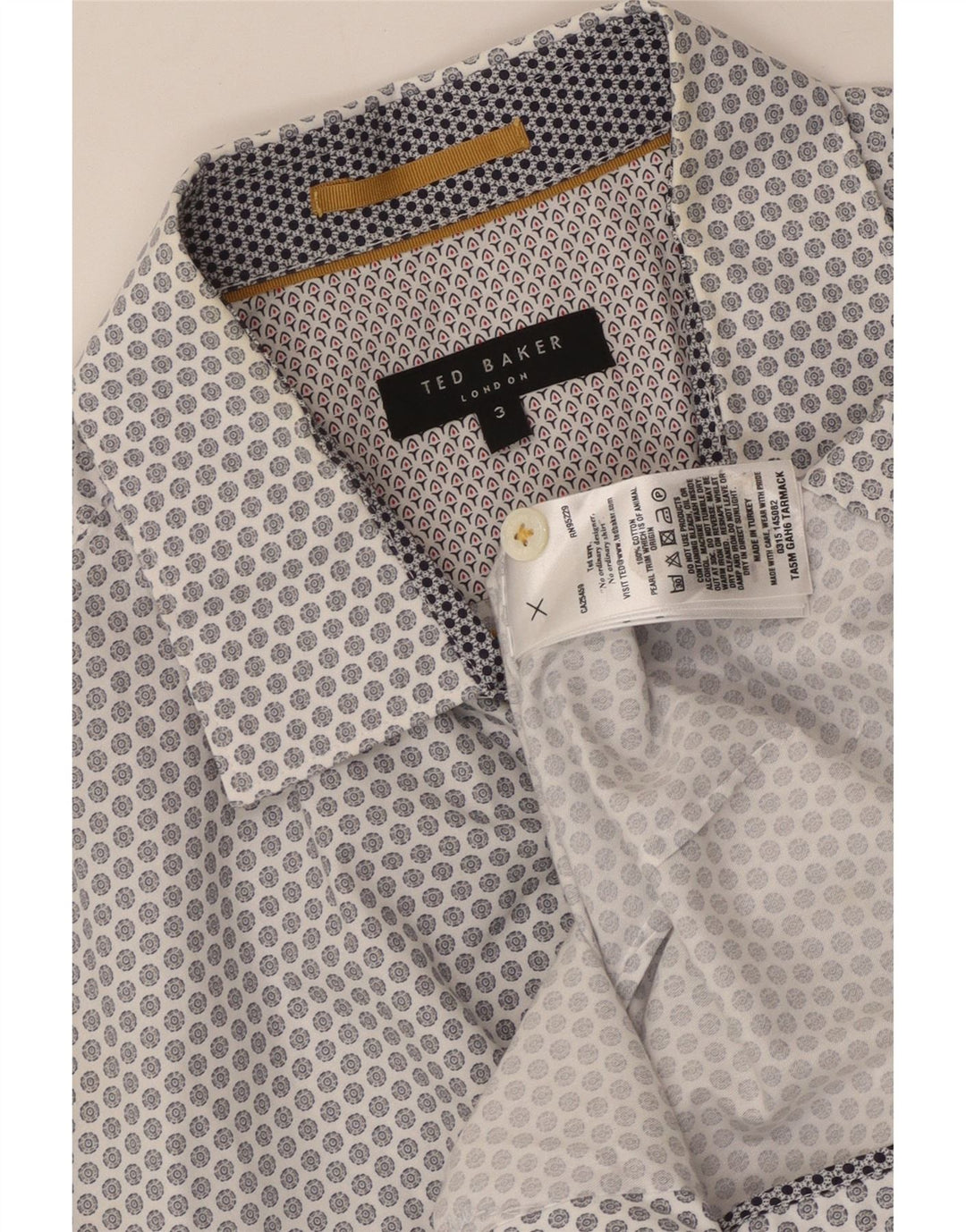 Camisa masculina de manga curta Ted Baker tamanho 3 algodão geométrico branco médio
