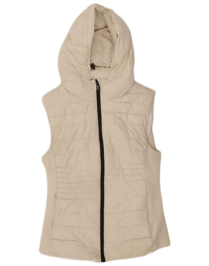 Colete acolchoado com capuz feminino Zara UK 14 grande poliéster branco