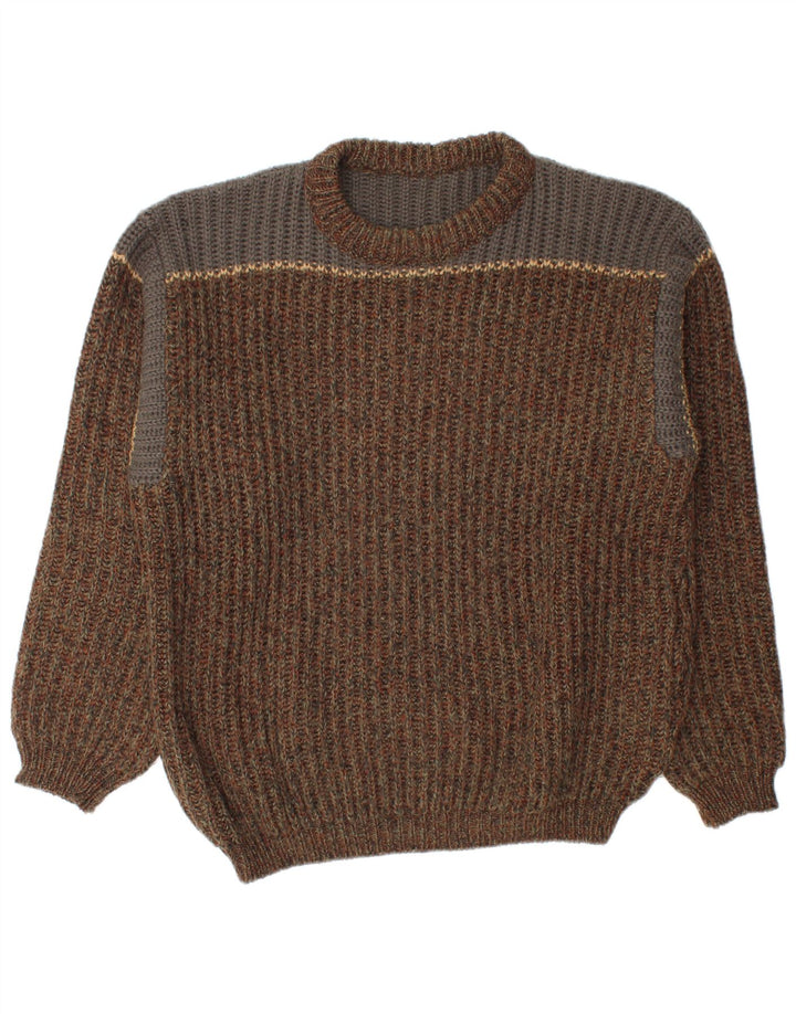 Suéter vintage masculino com gola redonda em bloco colorido marrom médio