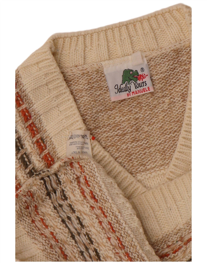 Suéter masculino vintage com decote em V de lã listrada bege médio