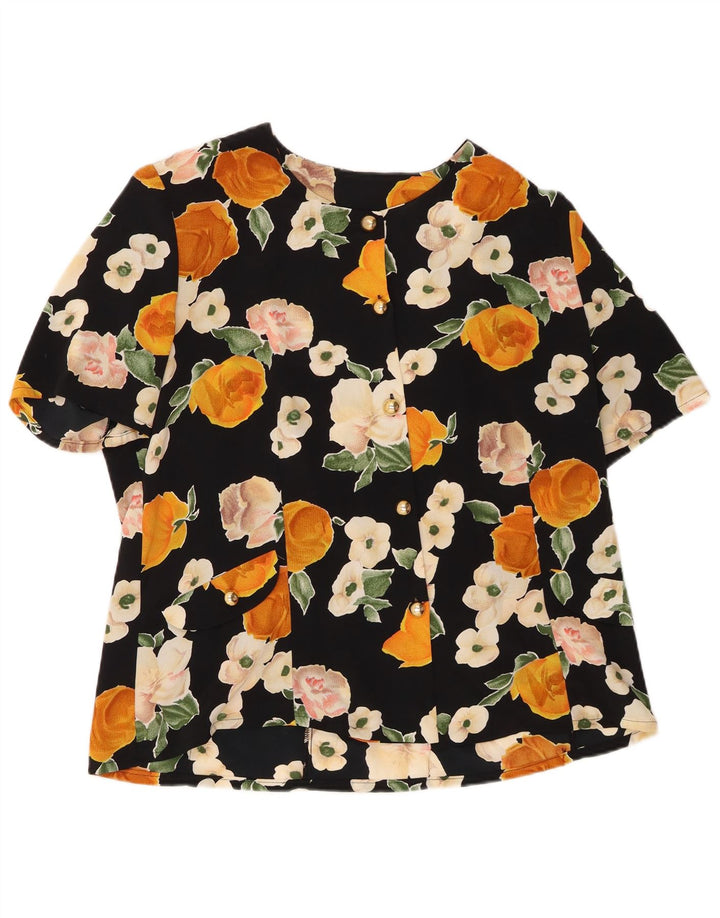 Blusa feminina VINTAGE de manga curta UK 16 grande preta floral