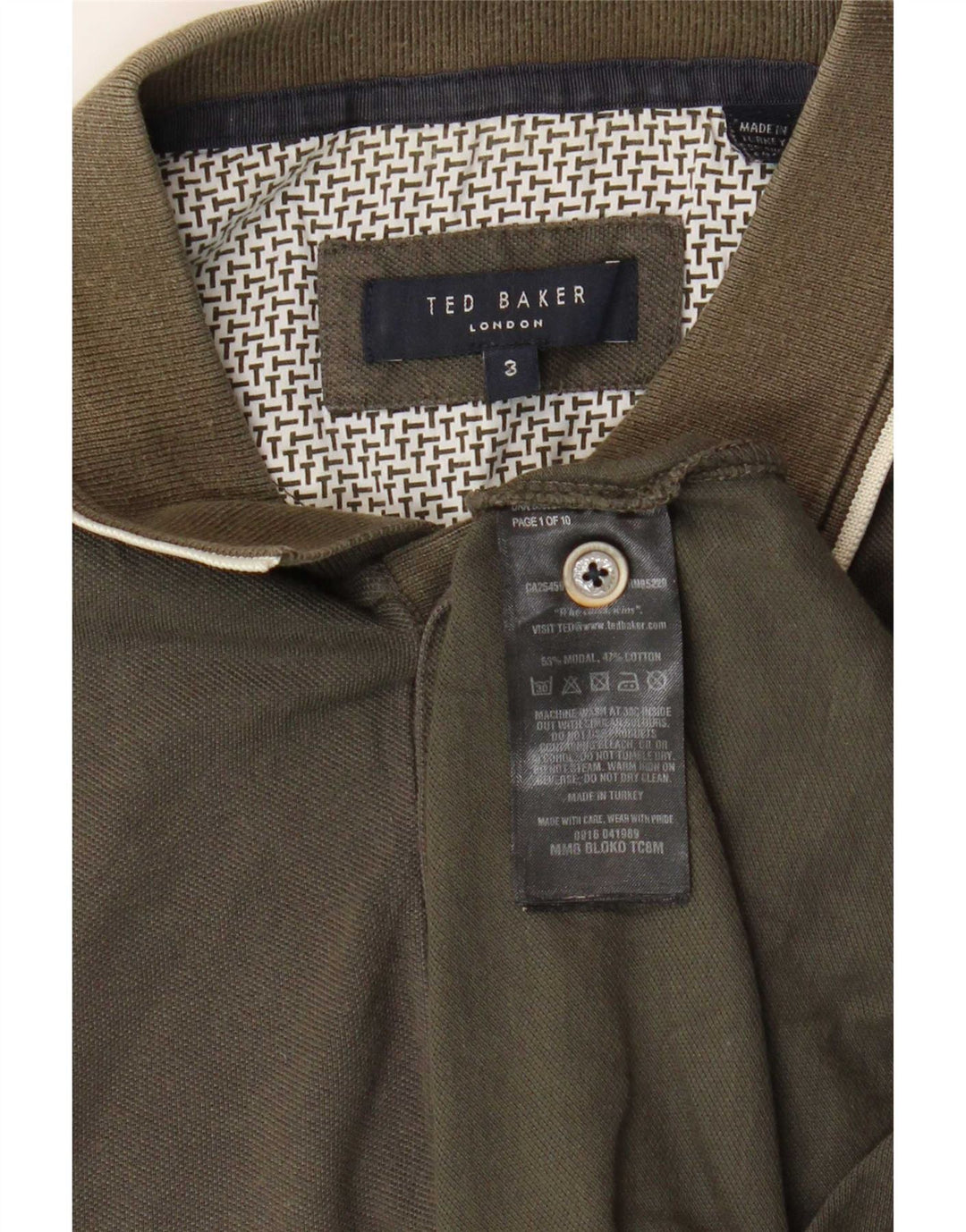 Camisa polo masculina Ted Baker tamanho 3 médio cáqui modal