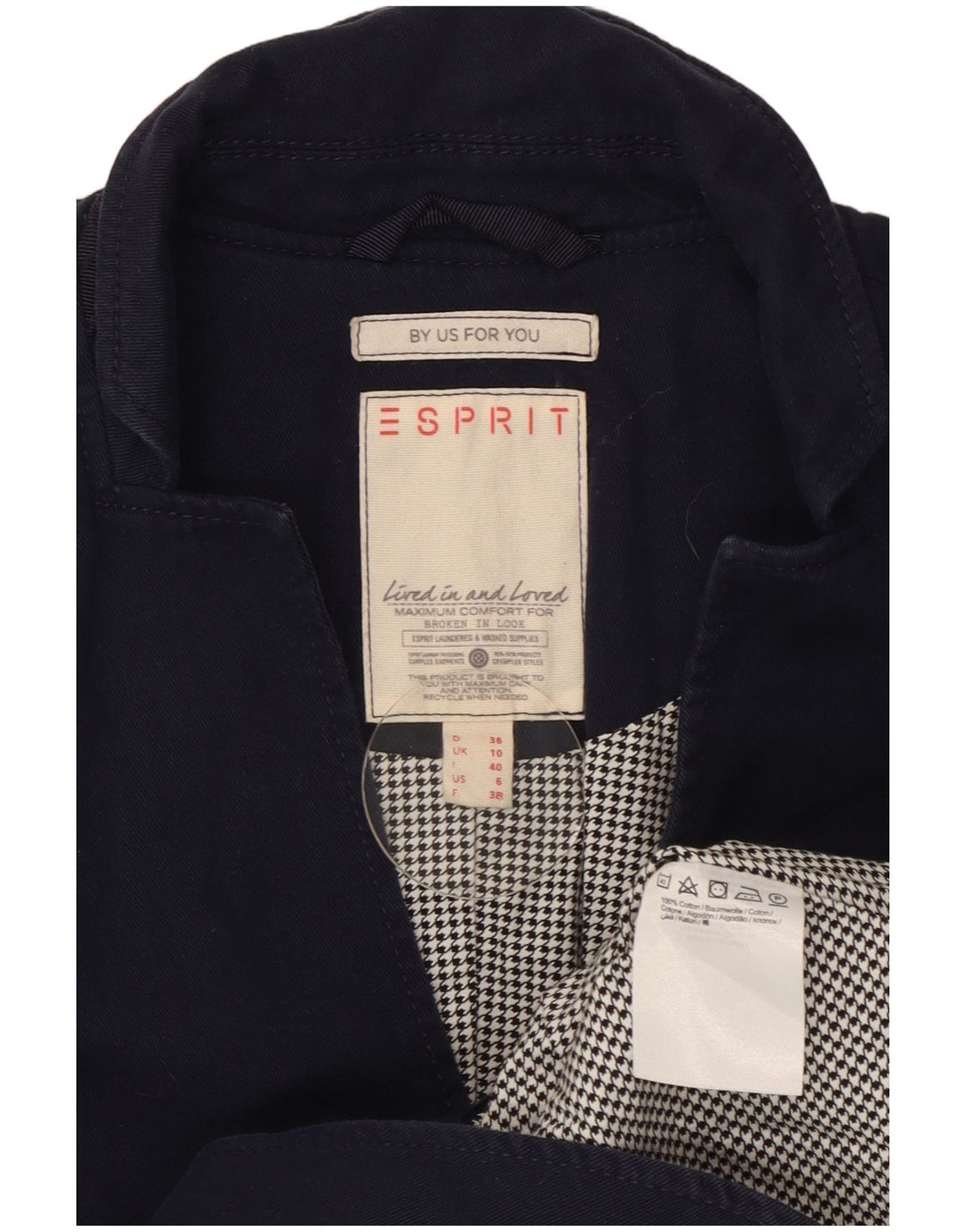 Jaqueta blazer feminina Esprit com 3 botões Reino Unido 10 pequeno algodão azul marinho
