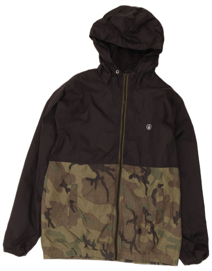 Jaqueta de chuva masculina com capuz Volcom UK 36 pequena camuflagem preta nylon