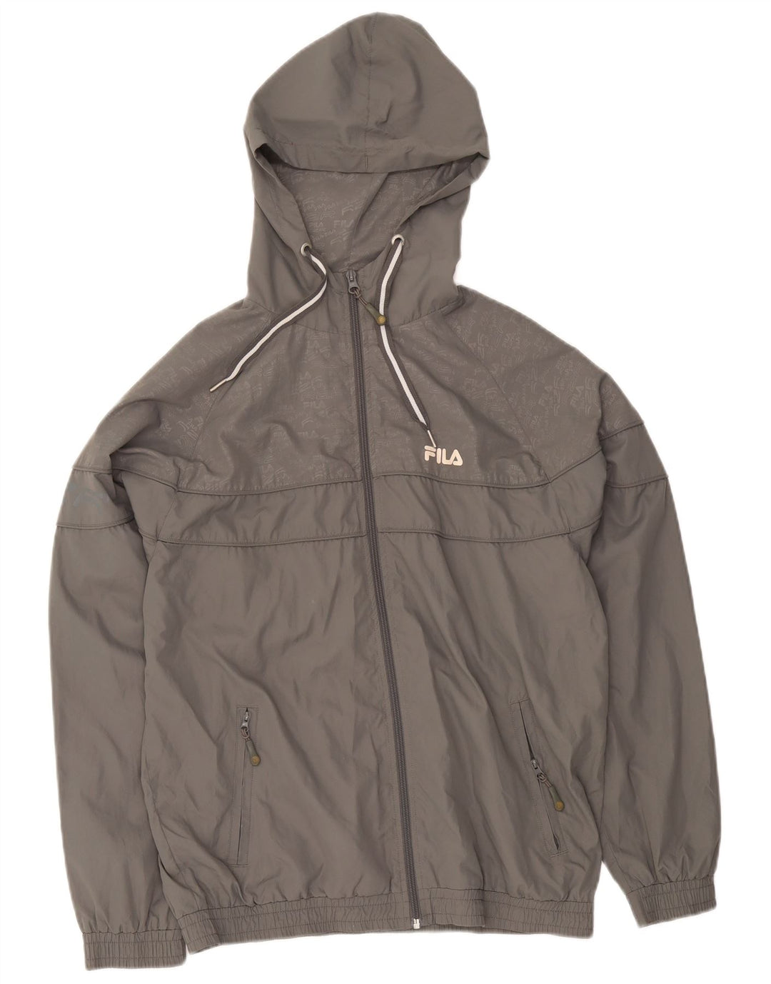 Jaqueta masculina Fila com capuz gráfico com capuz e poliéster cinza pequeno