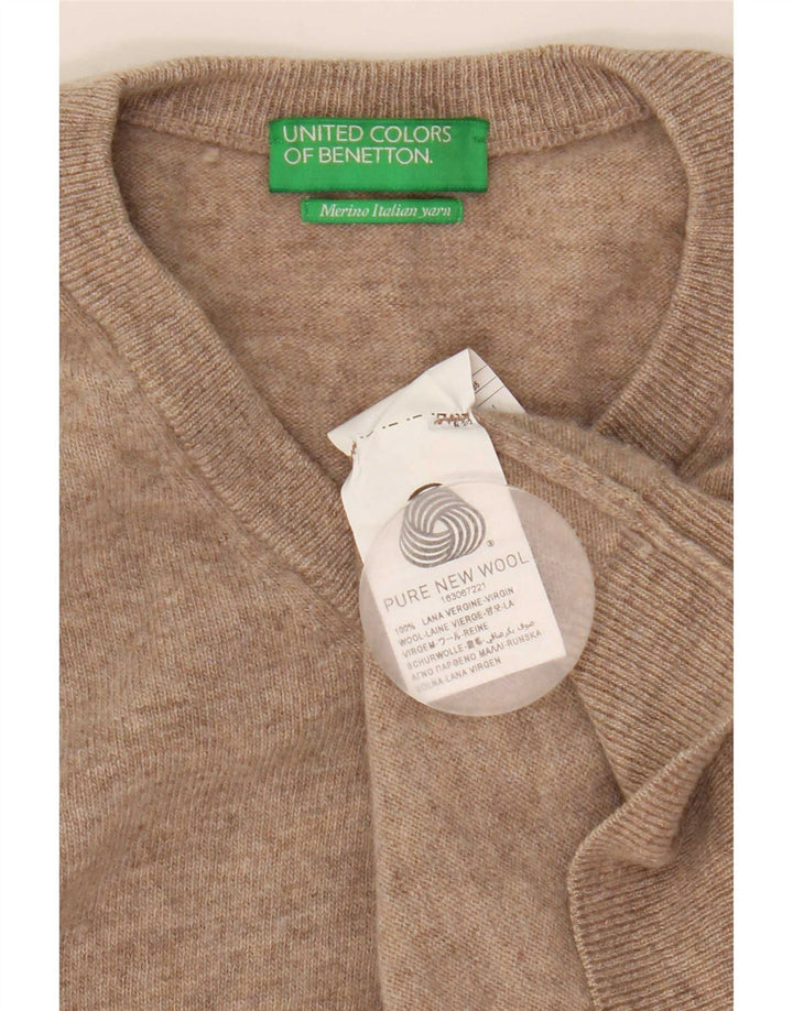 Suéter masculino Benetton com decote em V, pequeno, bege, lã