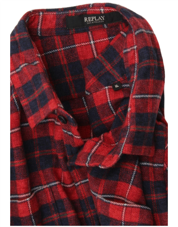 REPLAY Camisa masculina de flanela XL algodão xadrez vermelho