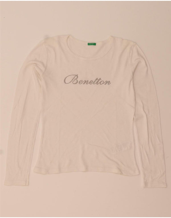 Top gráfico feminino Benetton manga comprida Reino Unido 16 grande algodão branco