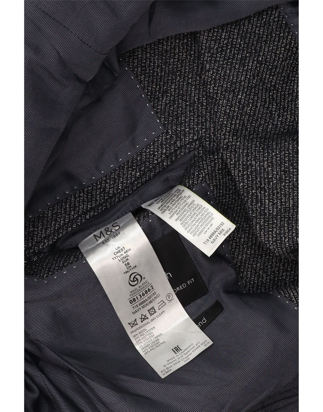Jaqueta blazer masculina de 2 botões Marks & Spencer Reino Unido 46 XL lã azul marinho