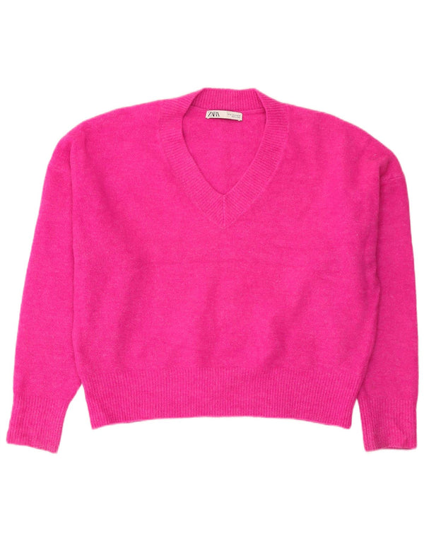 Suéter feminino Zara com decote em V superdimensionado Reino Unido 14 acrílico rosa médio