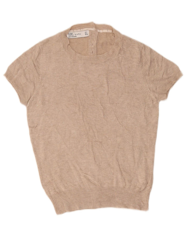 Suéter feminino Zara de manga curta com gola canoa Reino Unido 10 pequeno bege viscose