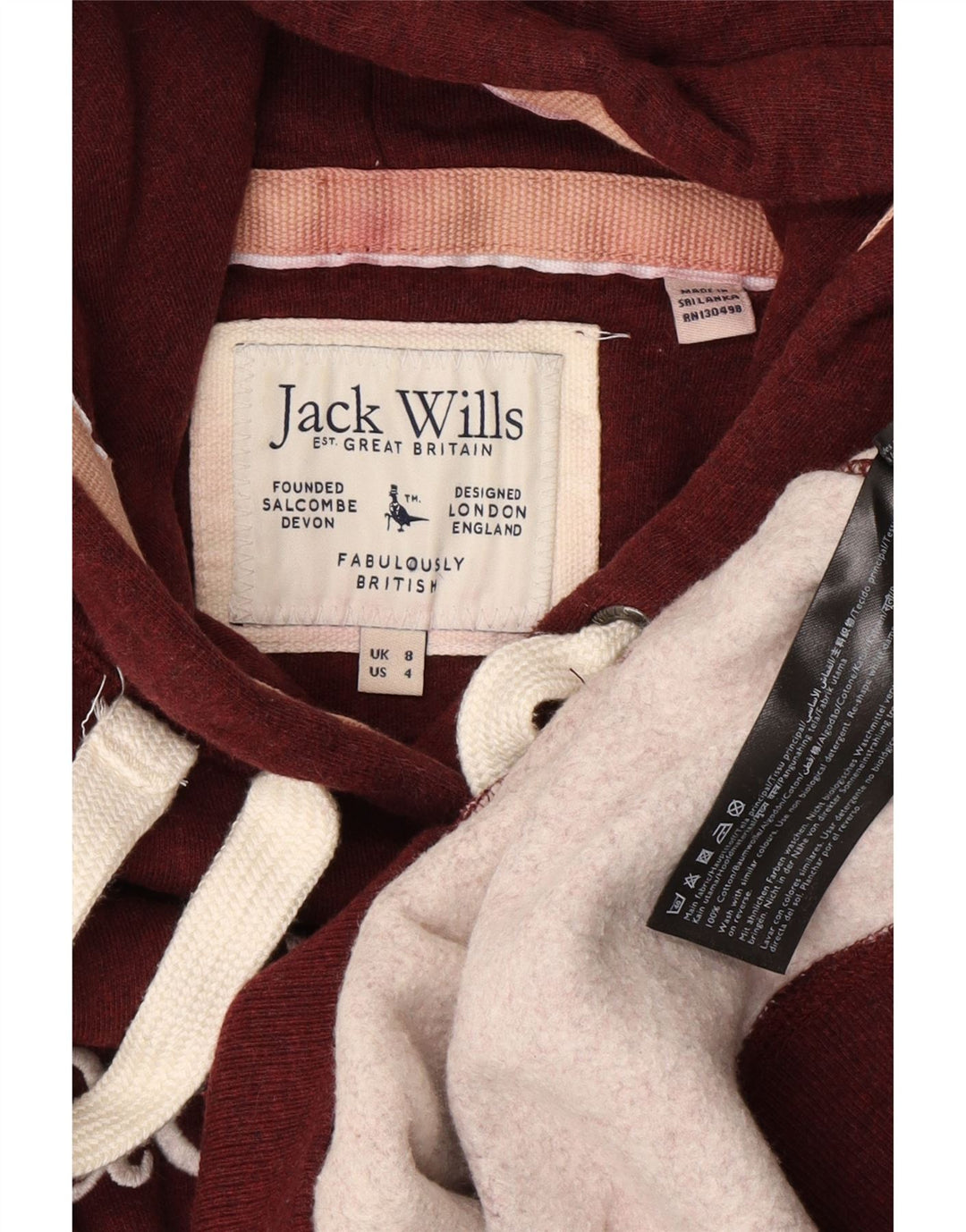 JACK WILLS Suéter feminino com capuz gráfico Reino Unido 8 pequeno algodão borgonha