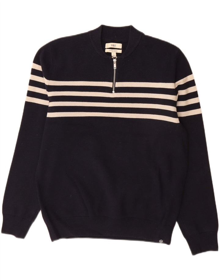 Suéter masculino Marks & Spencer com zíper e gola grande listrado azul marinho