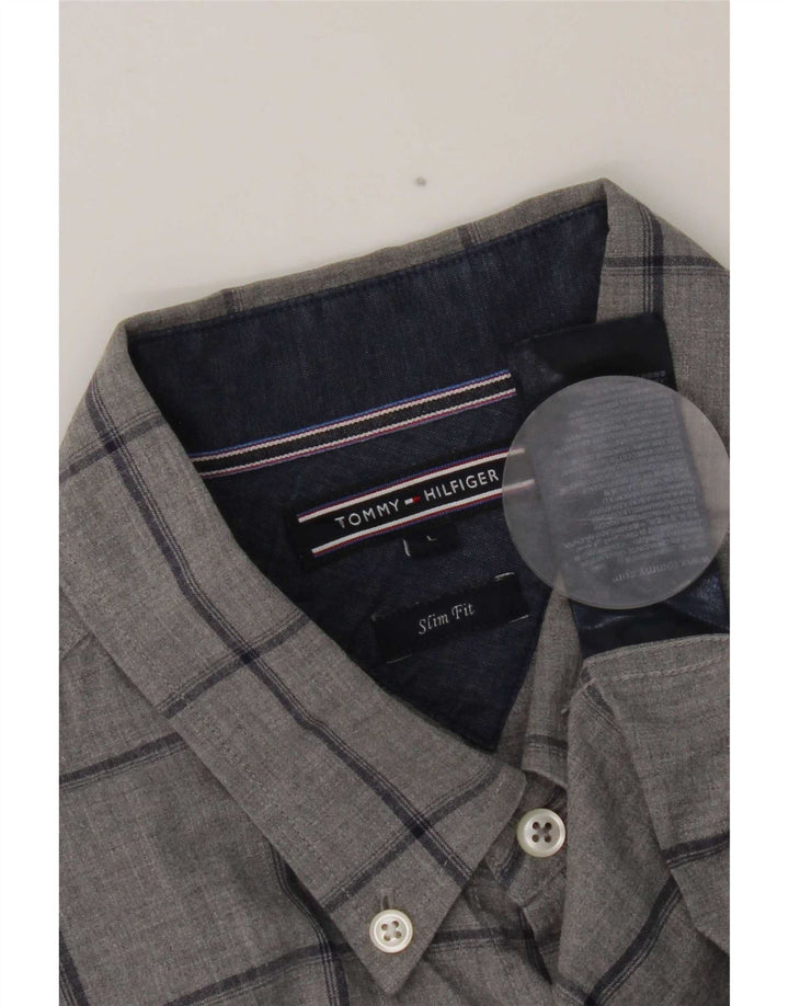 Tommy Hilfiger Camisa masculina slim fit grande algodão xadrez cinza