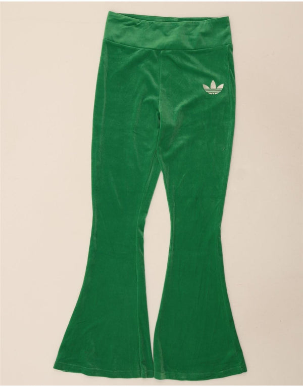 Calça de treino feminina Adidas Flare Velour UK 12 poliéster verde médio