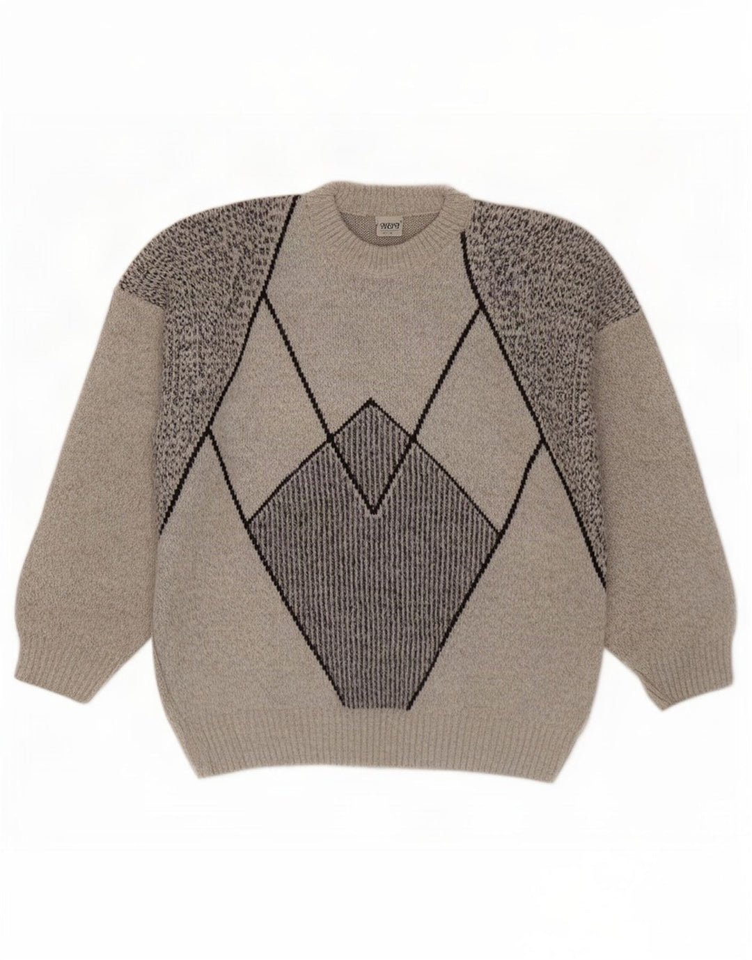Suéter vintage masculino com gola redonda, grande lã geométrica cinza