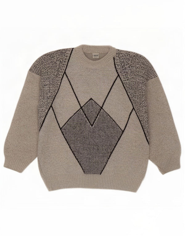 Suéter vintage masculino com gola redonda, grande lã geométrica cinza