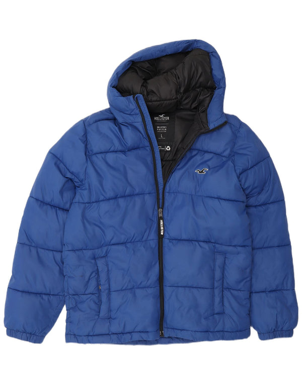 Jaqueta masculina acolchoada com capuz Hollister UK 40 grande nylon azul