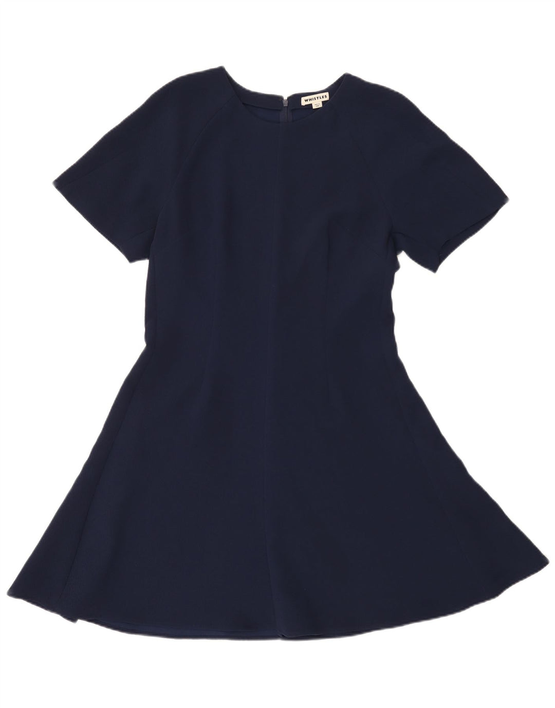 Vestido feminino Whistle de manga curta evasê Reino Unido 14 poliéster azul marinho médio