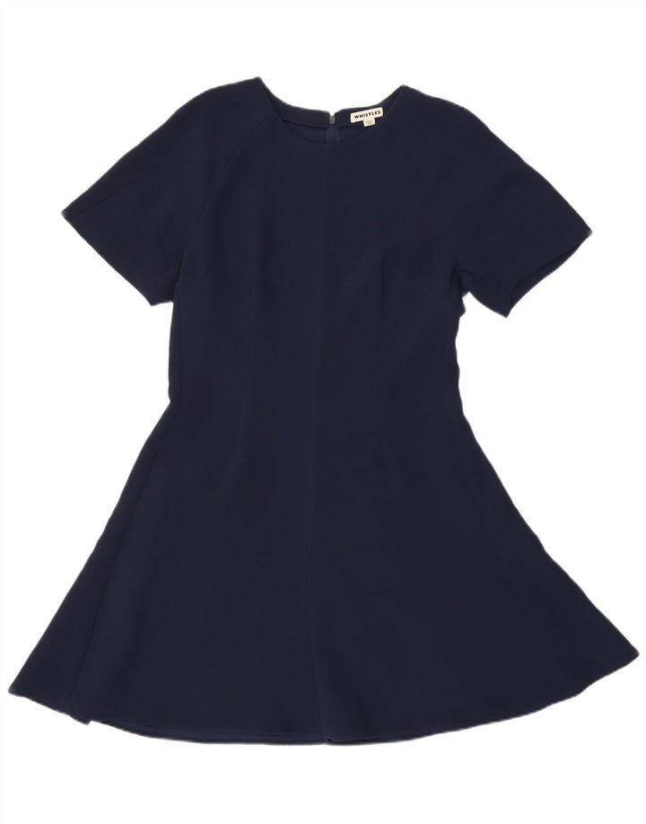 Vestido feminino Whistle de manga curta evasê Reino Unido 14 poliéster azul marinho médio