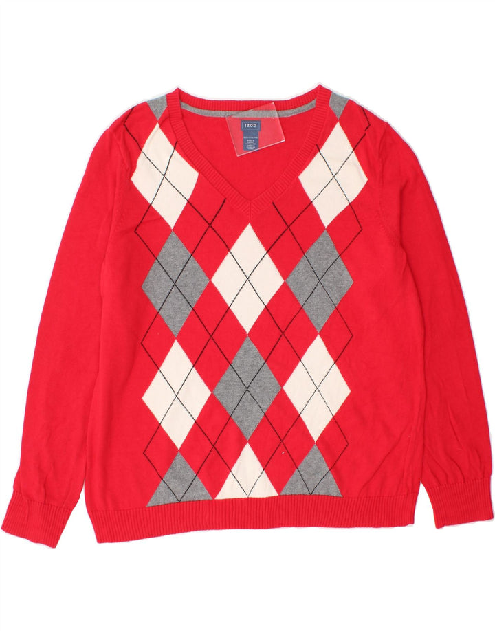 IZOD Womens V-Neck Jumper Sweater UK 20 2XL Pink Argyle/Diamond Vintage Izod and Second-Hand Izod from Messina Hembry 