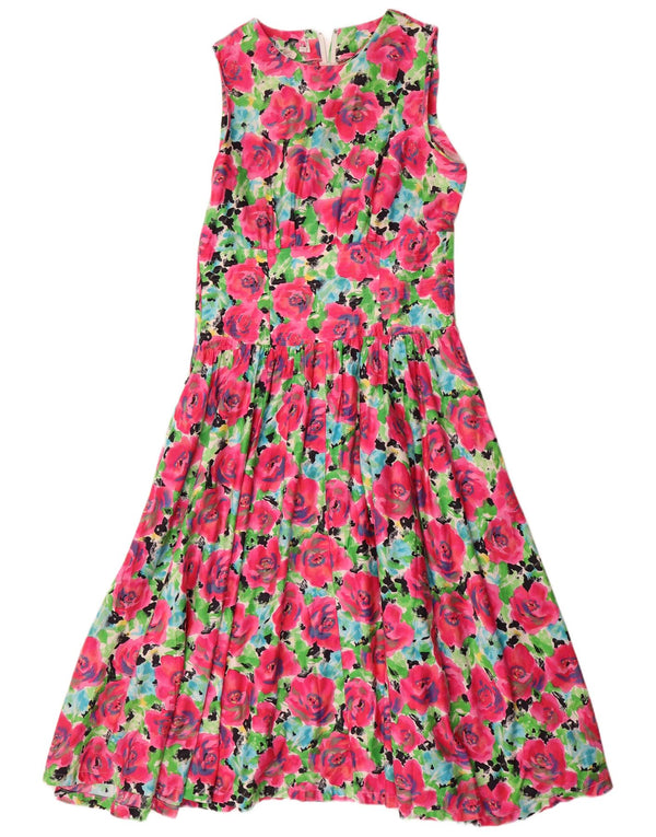 Vestido maxi feminino vintage sem mangas Reino Unido 14 algodão floral rosa médio