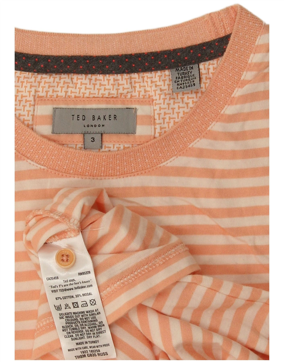 Camiseta masculina Ted Baker tamanho superior 3 algodão listrado laranja médio