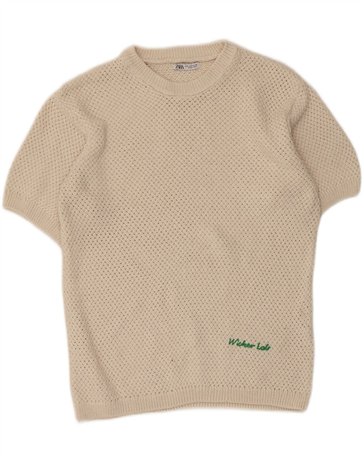 Suéter masculino ZARA com gola redonda, poliéster bege médio
