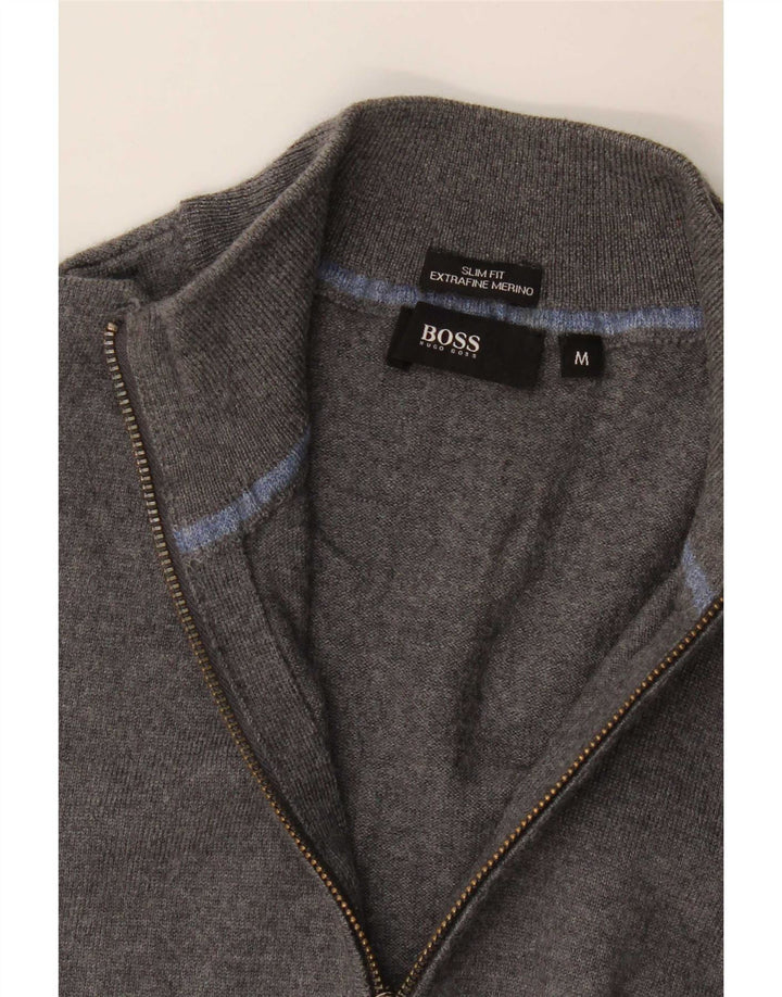 Suéter cardigã masculino Hugo Boss Slim Fit lã Merino cinza médio