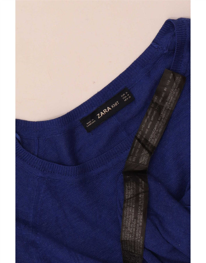 Suéter feminino Zara com gola canoa UK 14 viscose azul médio