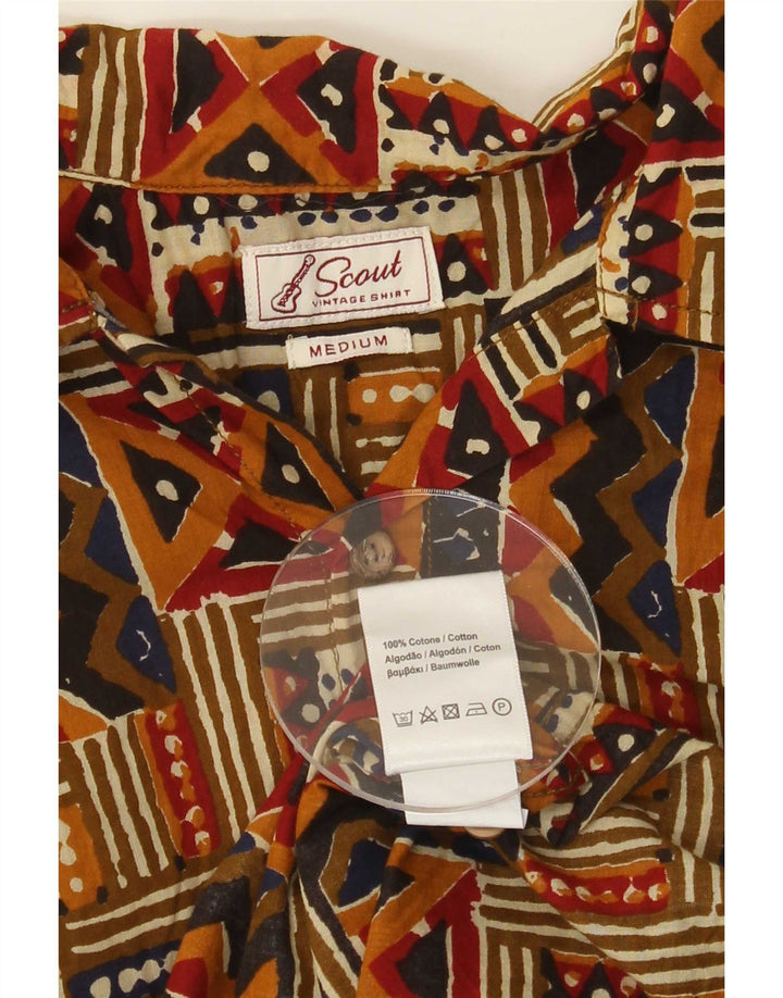 Camisa masculina Scout de manga curta de algodão geométrico marrom médio