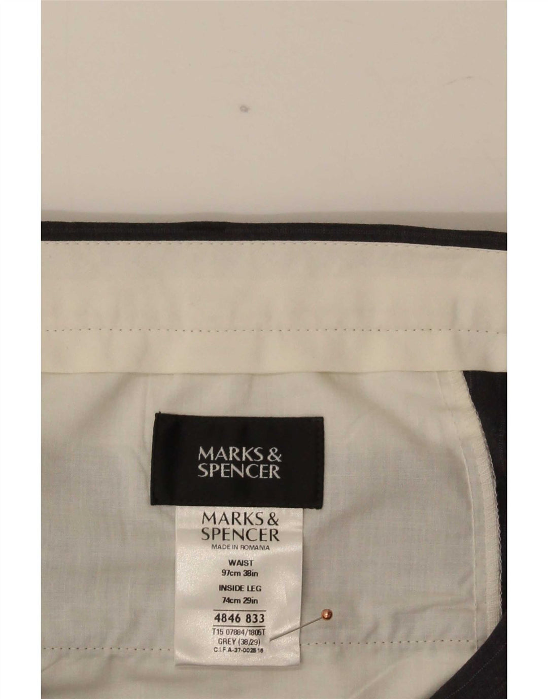 Calça masculina de terno reto Marks & Spencer W38 L29 listrada cinza