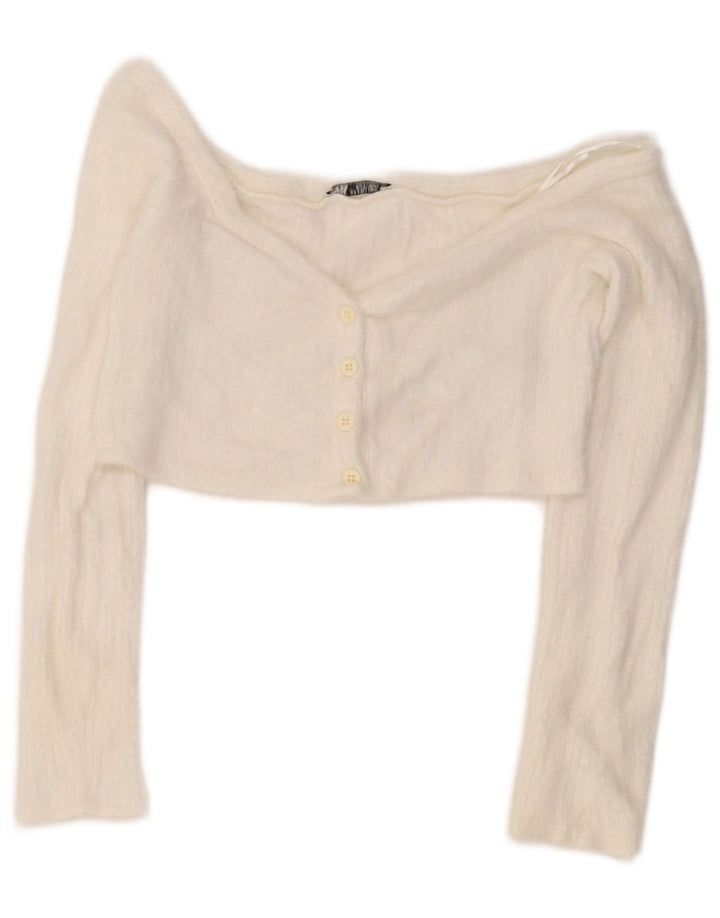 Top feminino Zara com ombro de fora UK 12 médio branco poliamida