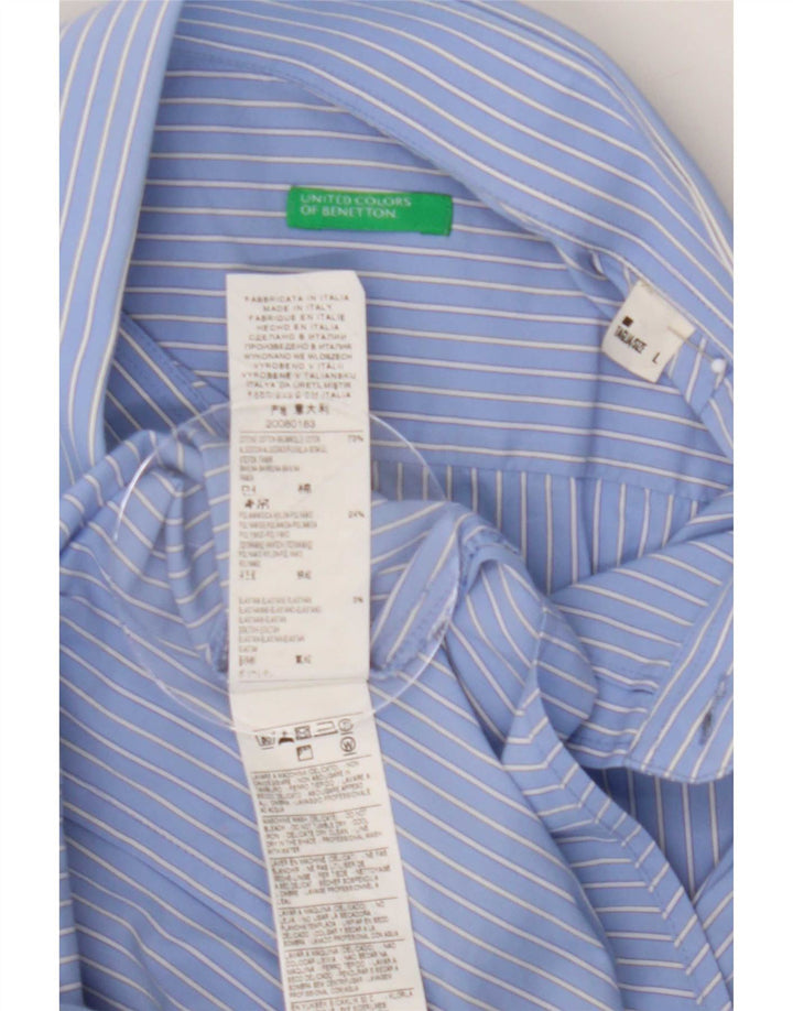 Camisa masculina Benetton grande algodão listrado azul