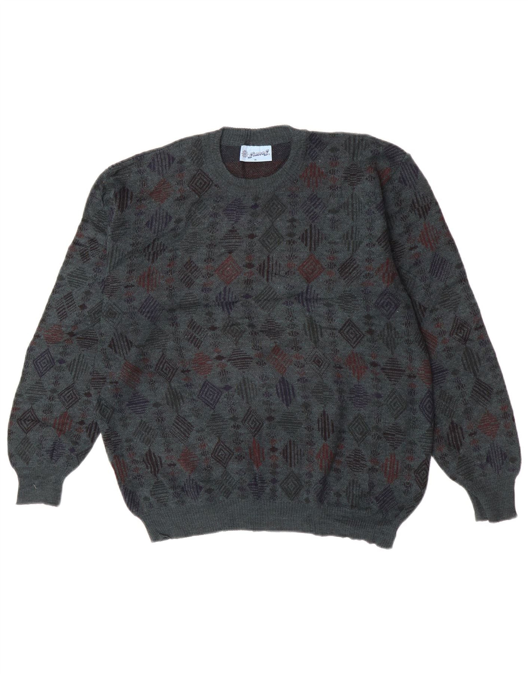 Suéter vintage masculino com gola redonda, lã virgem geométrica azul média