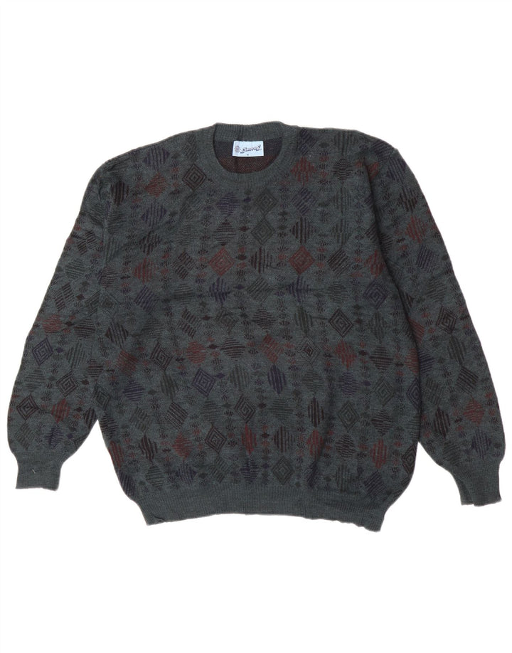 Suéter vintage masculino com gola redonda, lã virgem geométrica azul média