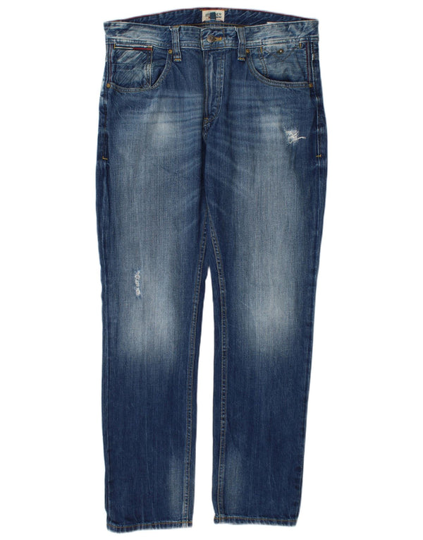 Tommy Hilfiger Calça jeans reta masculina desgastada W34 L32 algodão azul