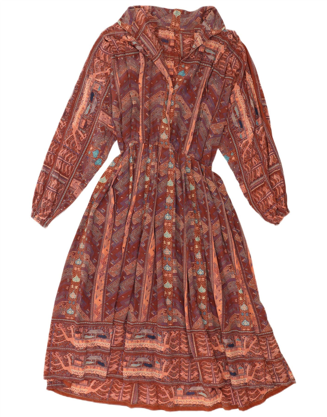 Vestido maxi feminino vintage com padrão abstrato UK 14 médio multicolorido