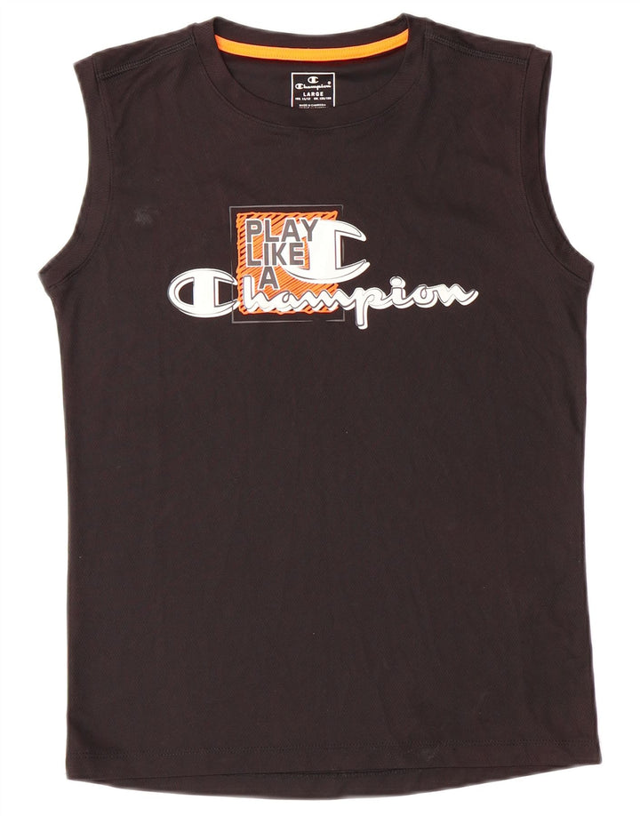 CHAMPION Boys Graphic Vest Top 11-12 Years Large Black